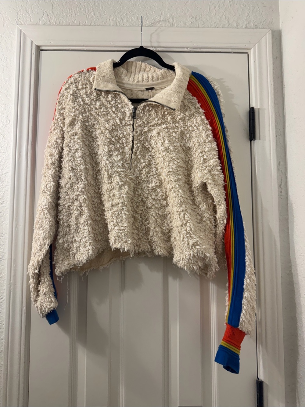 Free People Cream Teddy Half-Zip Jacket with Rainbow Sleeve Stripes